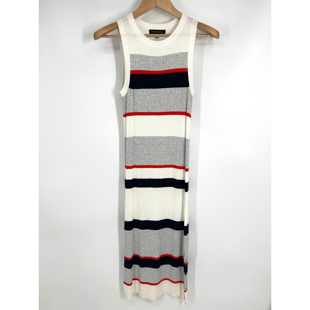 Banana Republic Sleeveless Rib Column Dress Striped White Grey Red Navy Small